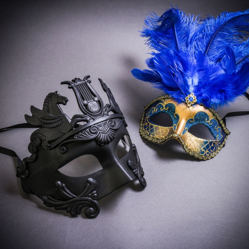 Black Venetian Pegasus w/ Blue Feather Gold Masquerade Couple's Party Face Masks